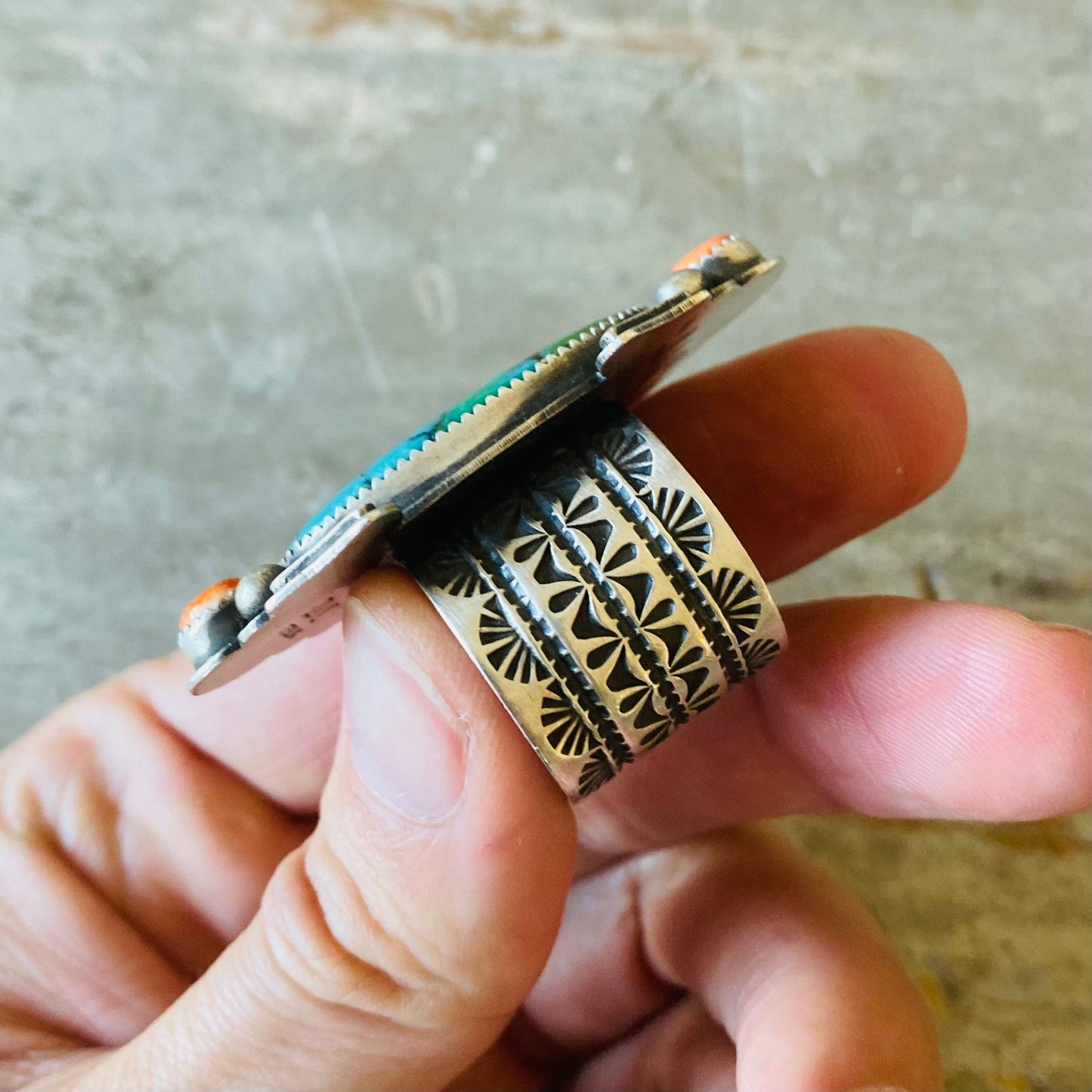 Navajo Derrick Cadman Sterling Silver - Orange Spiny & Turquoise Ring