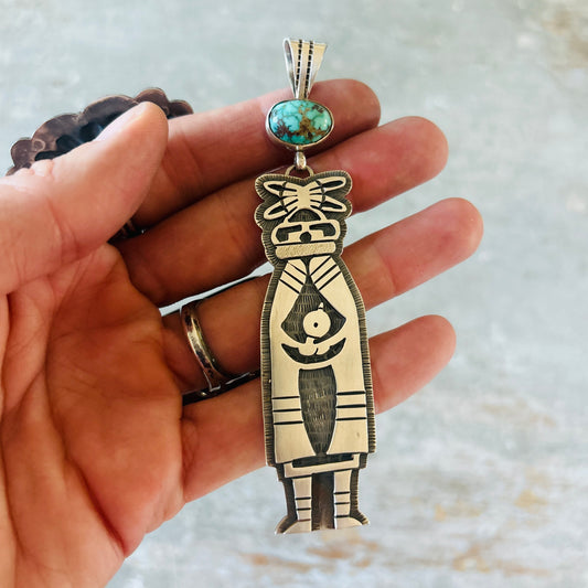 Navajo Teddy Yazzie Sterling Silver & Turquoise Overlay Kachina Pendant