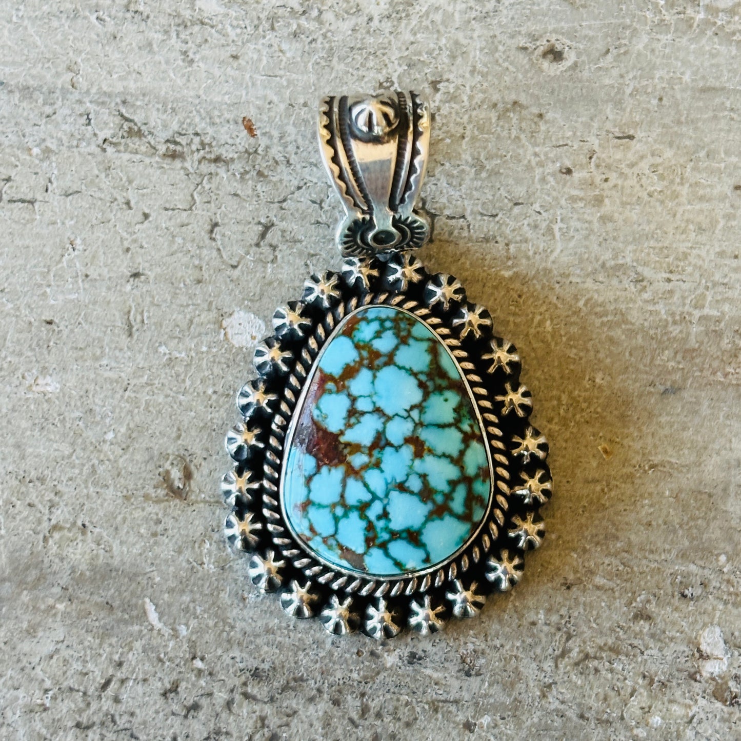 Navajo Happy Piasso Sterling Silver & Web Kingman Turquoise Starburst Pendant