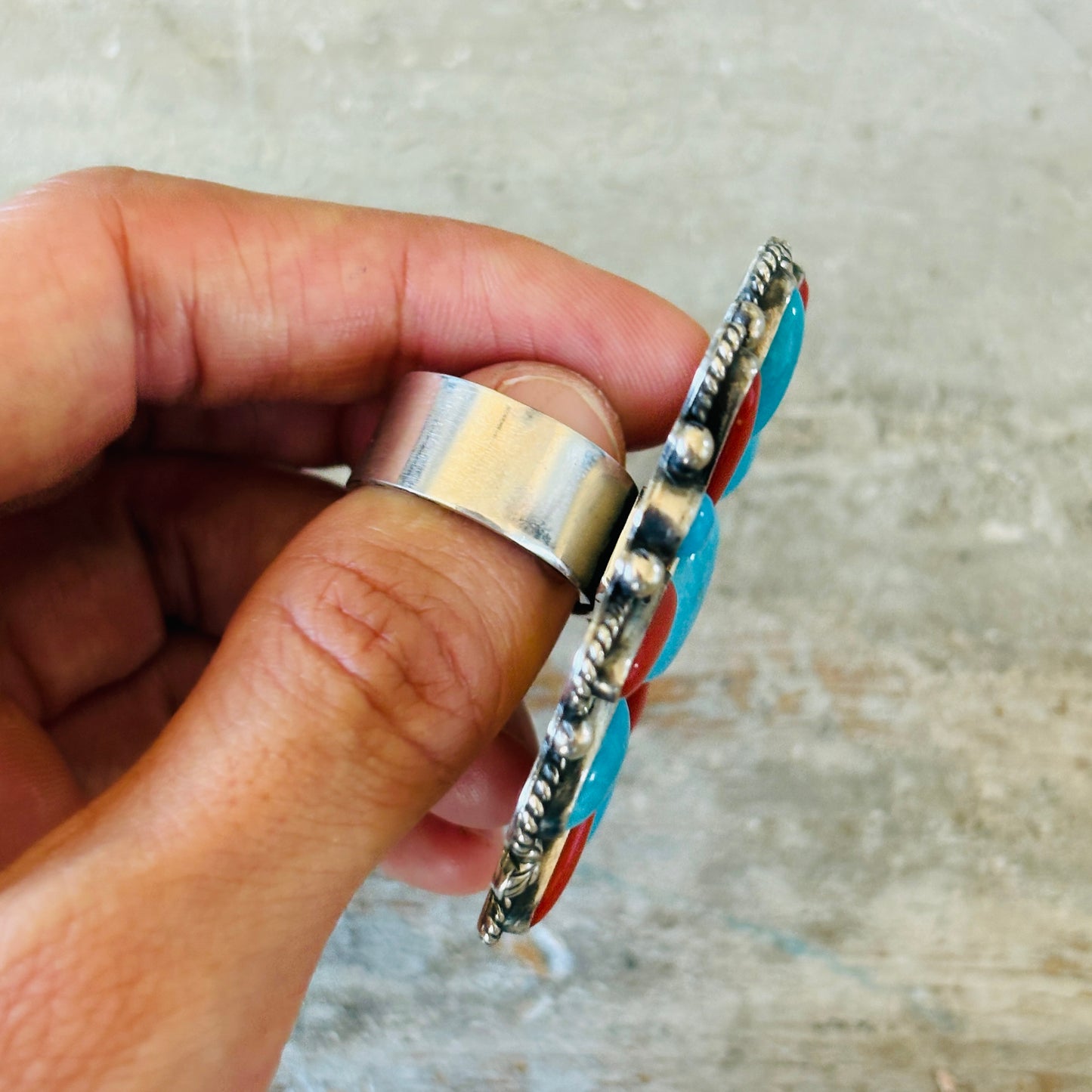 Navajo Tyler Brown Sterling Silver - Red Coral & Kingman Cluster Statement Ring