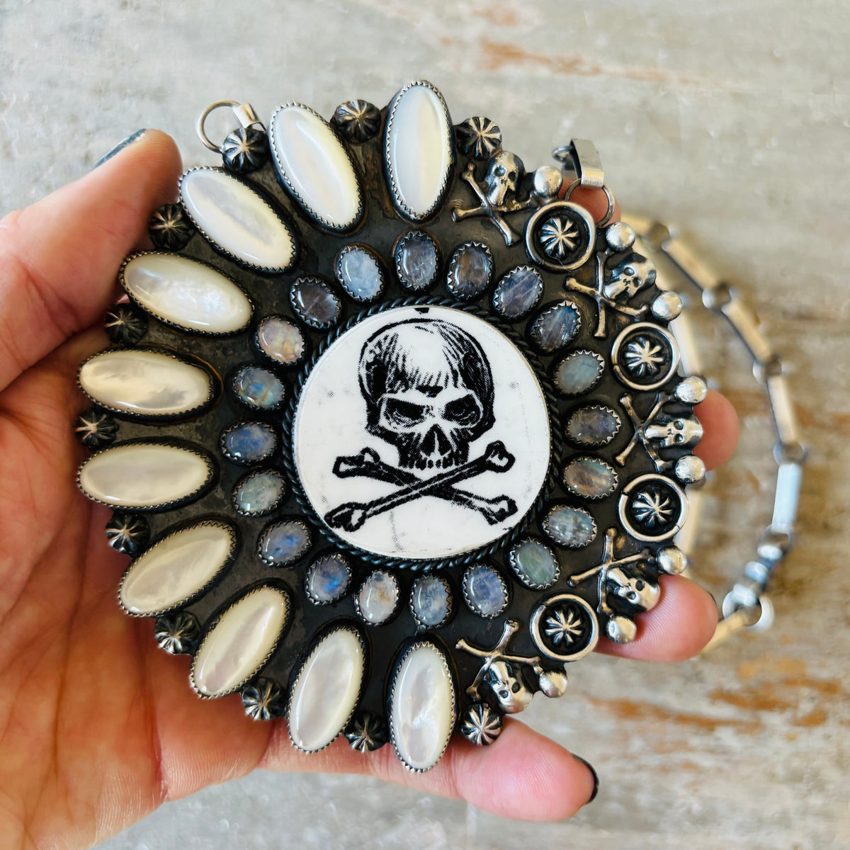 Navajo Kindale Billah Sterling Silver - Ceramic - Mother of Pearl & Moonstone Skull Necklace