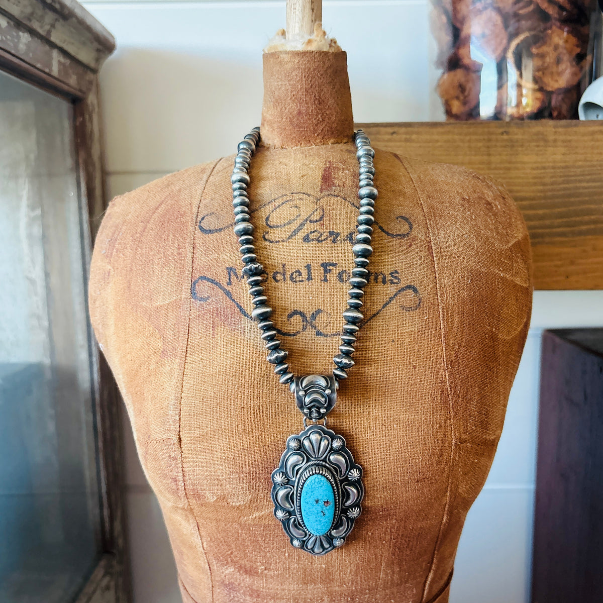 Navajo Ray Bennett Sterling Silver & Kingman Turquoise Pendant