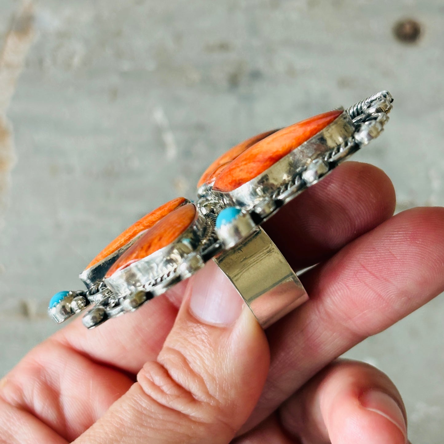 Navajo Hemerson Brown Sterling Silver - Orange Spiny & Sleeping Beauty Turquoise Butterfly Ring
