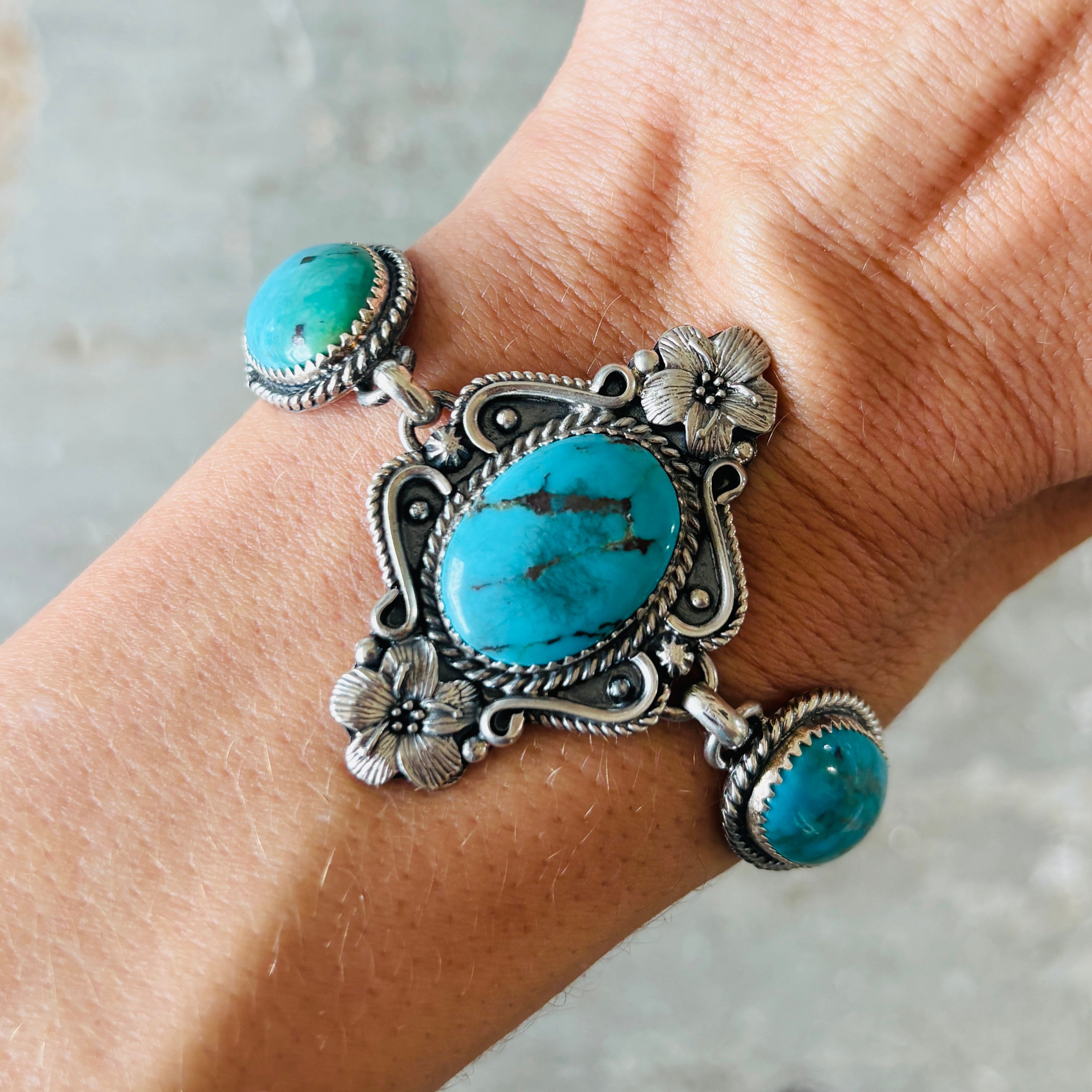 Navajo Brenda Jimenez Sterling Silver & Kingman Turquoise Floral