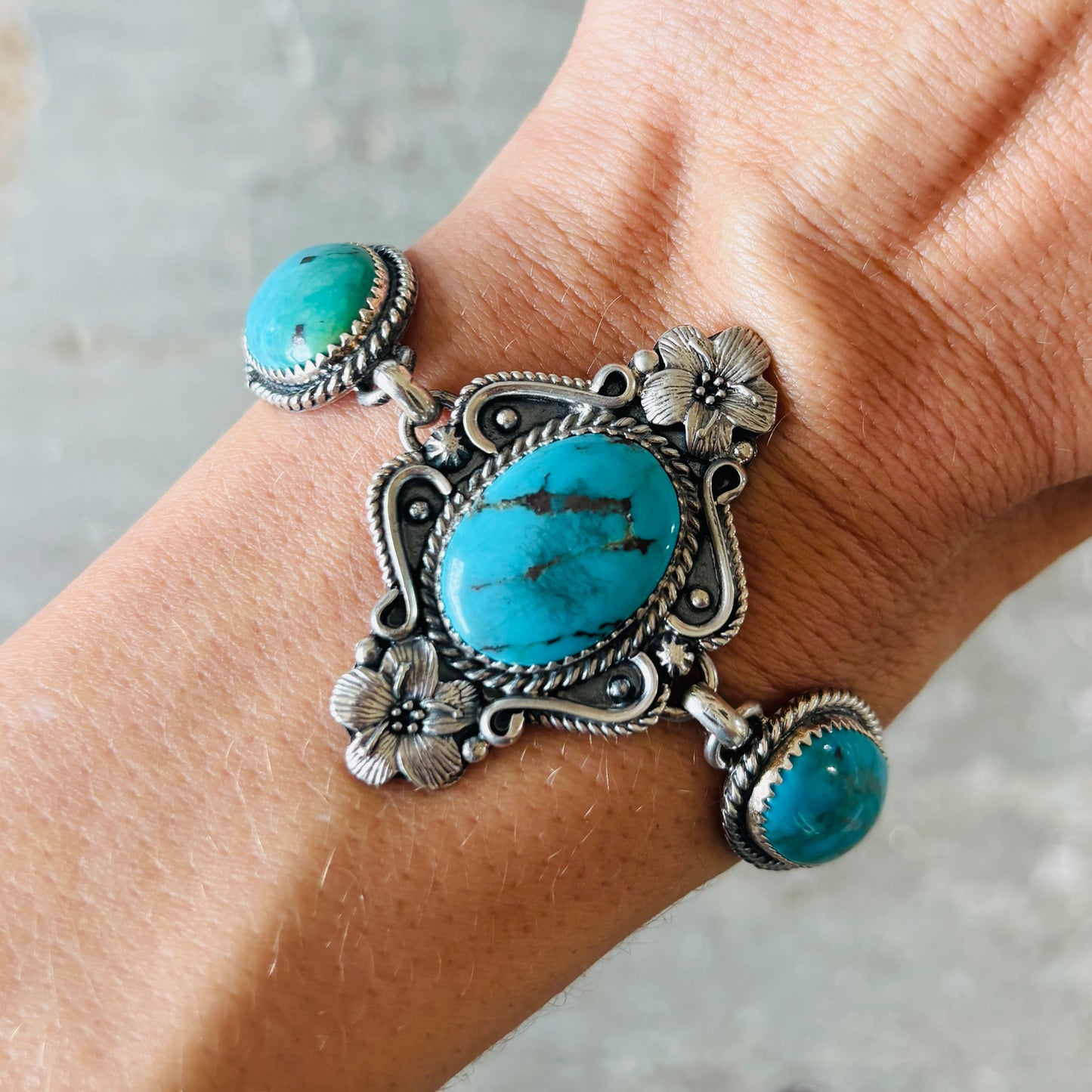 Navajo Brenda Jimenez Sterling Silver & Kingman Turquoise Floral Panel Bracelet