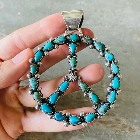 Navajo Lorenzo Jerilyn Chee Sterling Silver & Kingman Turquoise Peace Sign Pendant