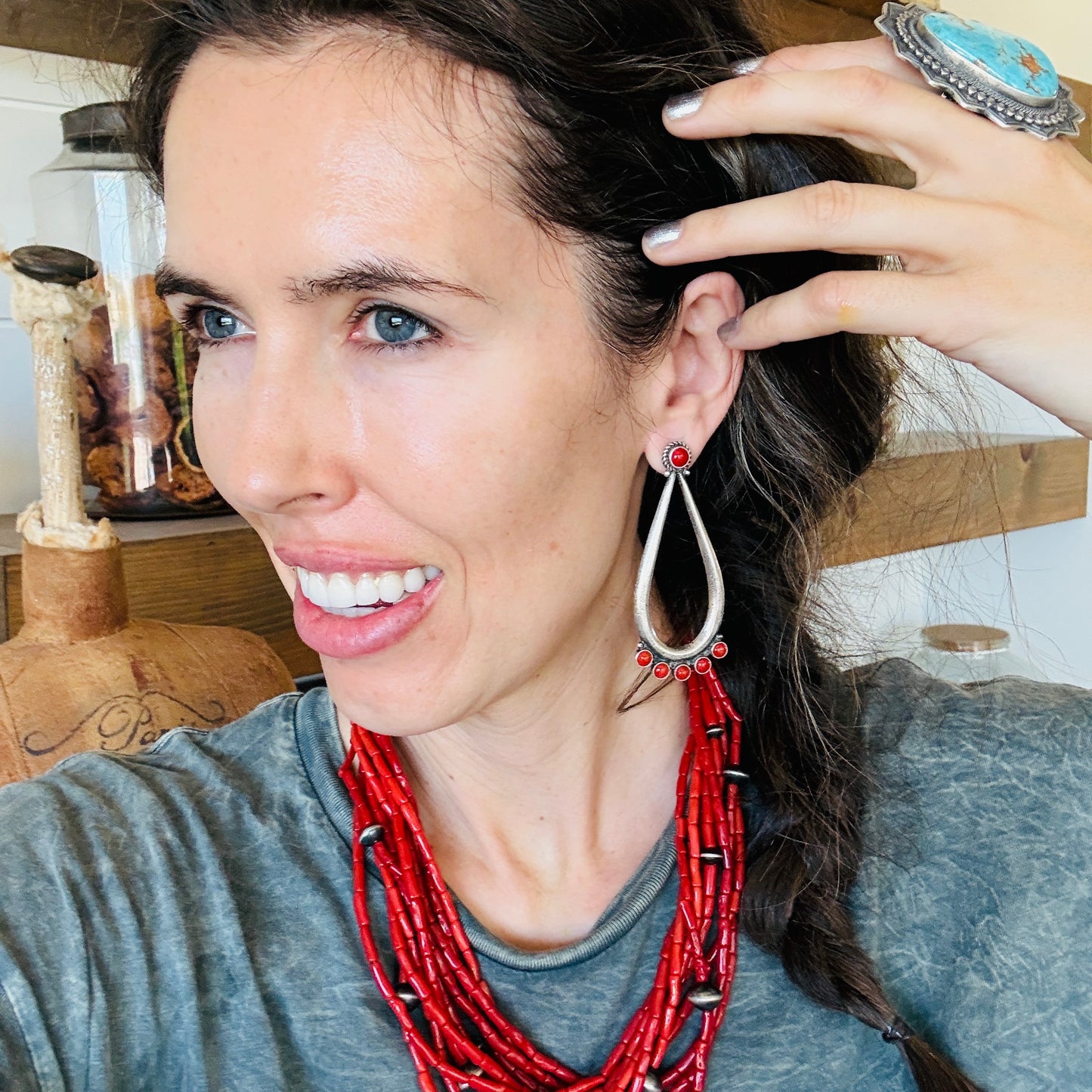 Navajo Herman Smith Sterling Silver & Red Coral Statement Earrings