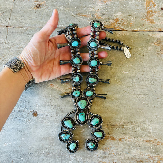 Vintage 1960s Navajo Sterling Silver & Turquoise Squash Blossom Necklace