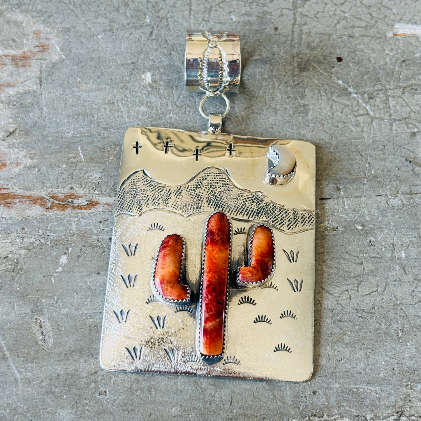 Navajo Hemerson Brown Sterling Silver - Shell & Orange Spiny Oyster Cactus Pendant!