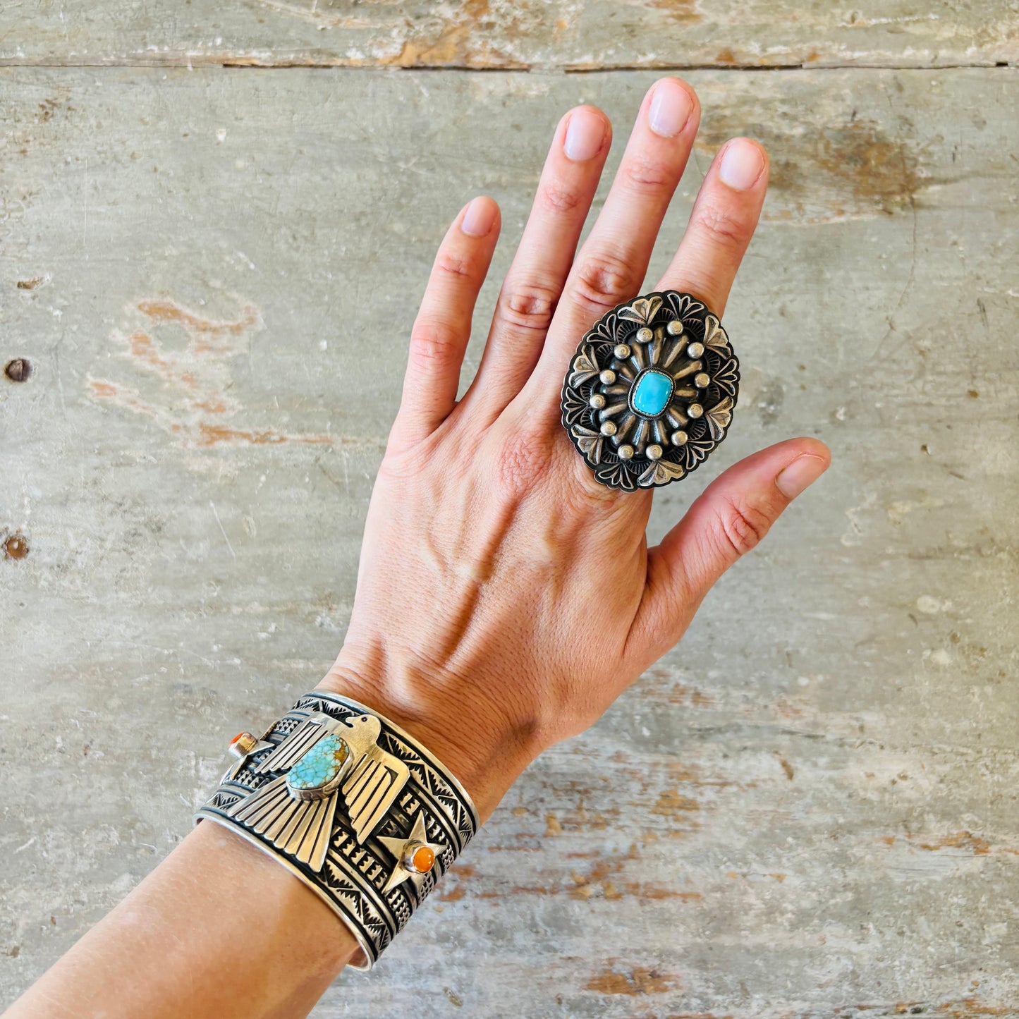 Navajo Derrick Cadman Sterling Silver & Kingman Turquoise Statement Ring