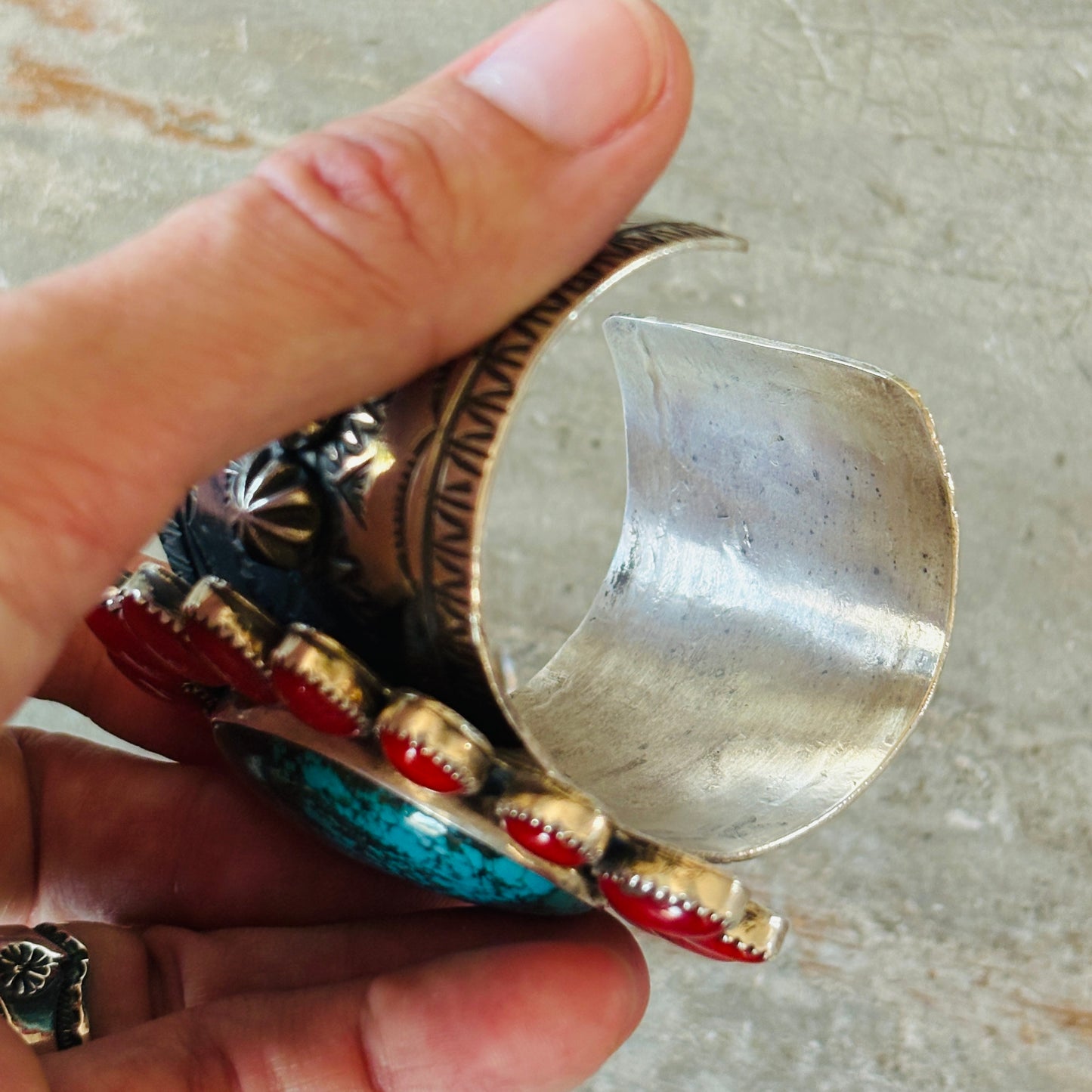 Navajo Edmund Piasso Sterling Silver - Red Coral & Kingman Turquoise Cluster Statement Cuff