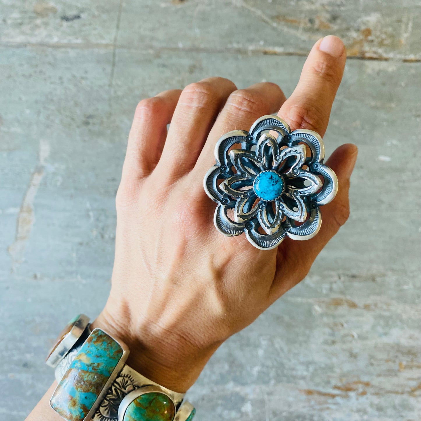 Navajo Kevin Billah Sterling Silver & Turquoise Flower Ring