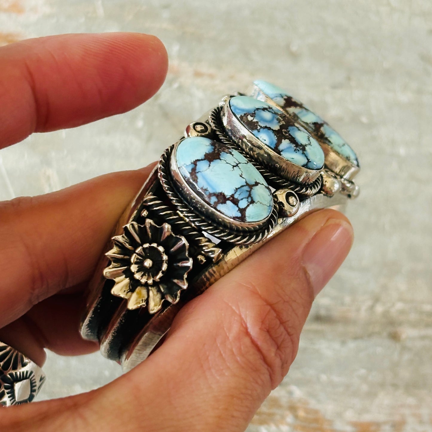 Navajo Hemerson Brown Sterling Silver & Golden Hills Turquoise 5 Stone Stacker Cuff