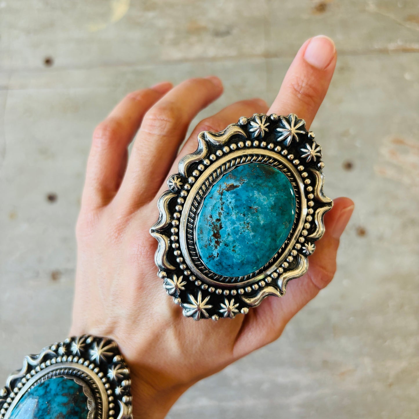 Navajo Glenn Livingston Sterling Silver & Desert Rose Turquoise Statement Ring