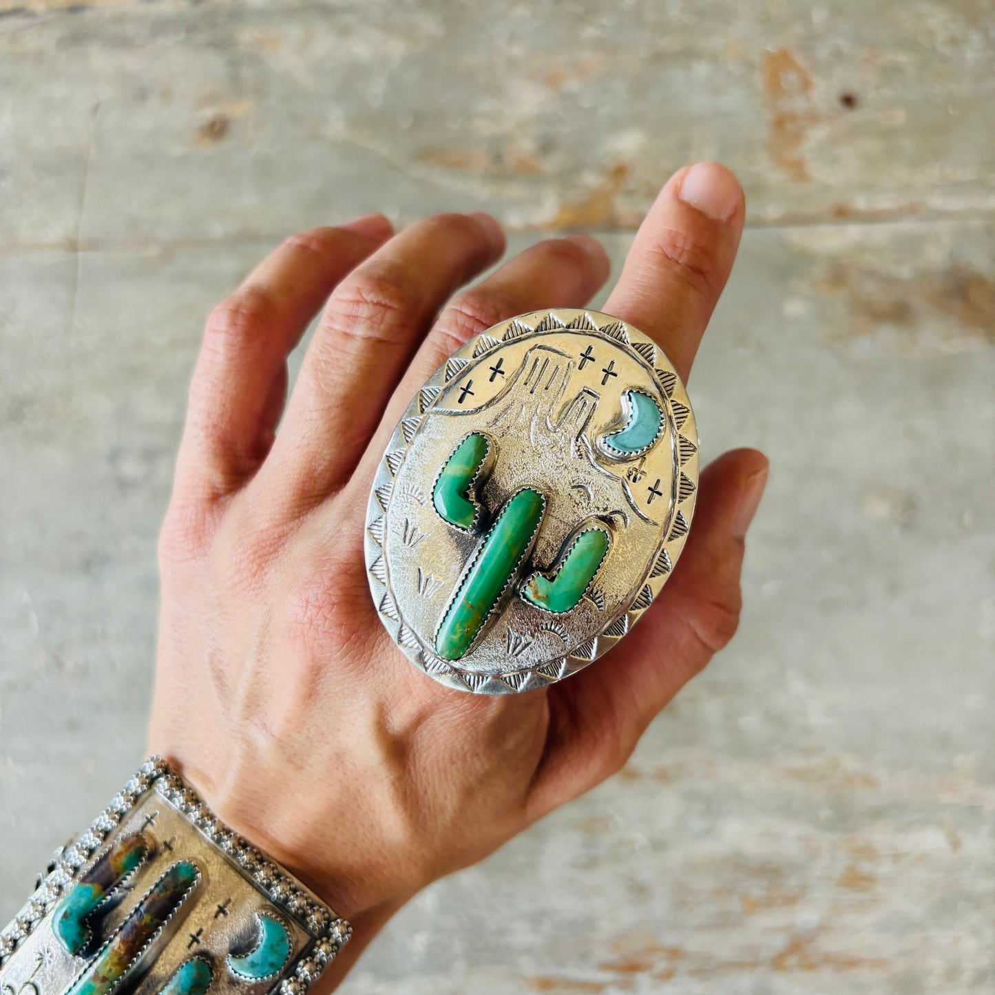 Navajo Hemerson Brown Sterling Silver & Kingman Turquoise Cactus Ring