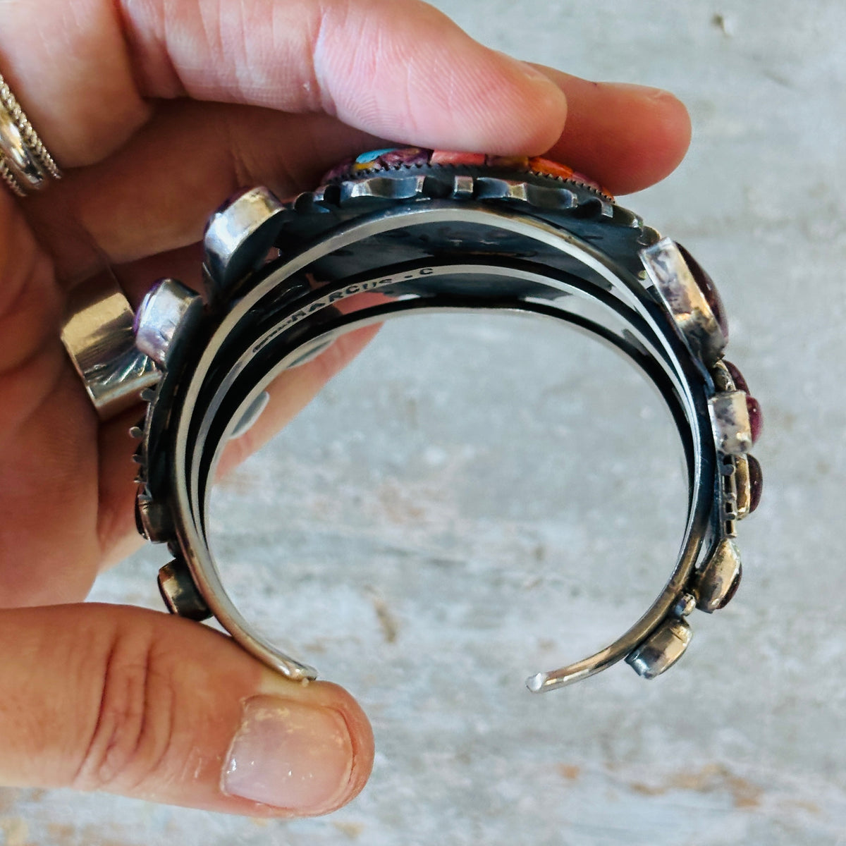 Navajo Marcus Chavez Sterling Silver Multi Stone Dragonfly Cobblestone Cuff