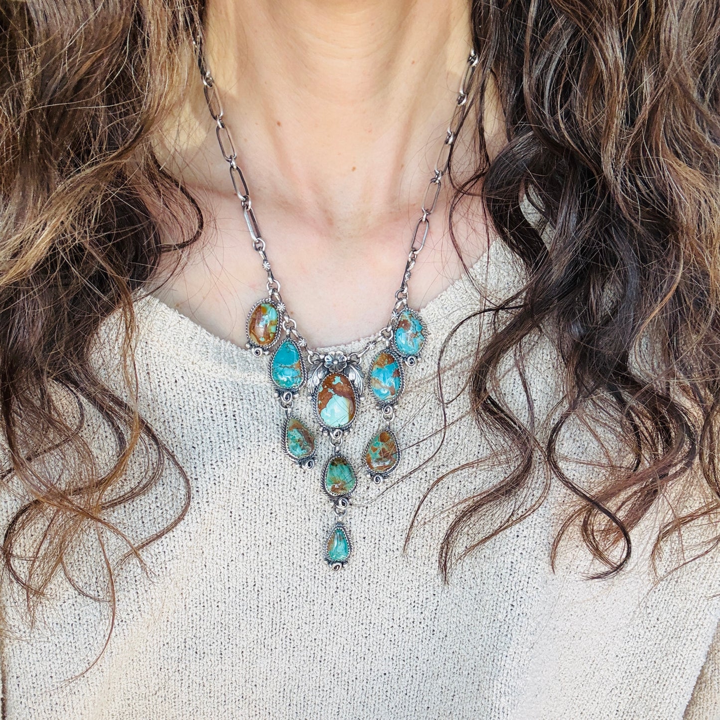 Navajo Brenda Jimenez Sterling Silver - Royston & Pilot Mountain Turquoise Waterfall Statement Necklace