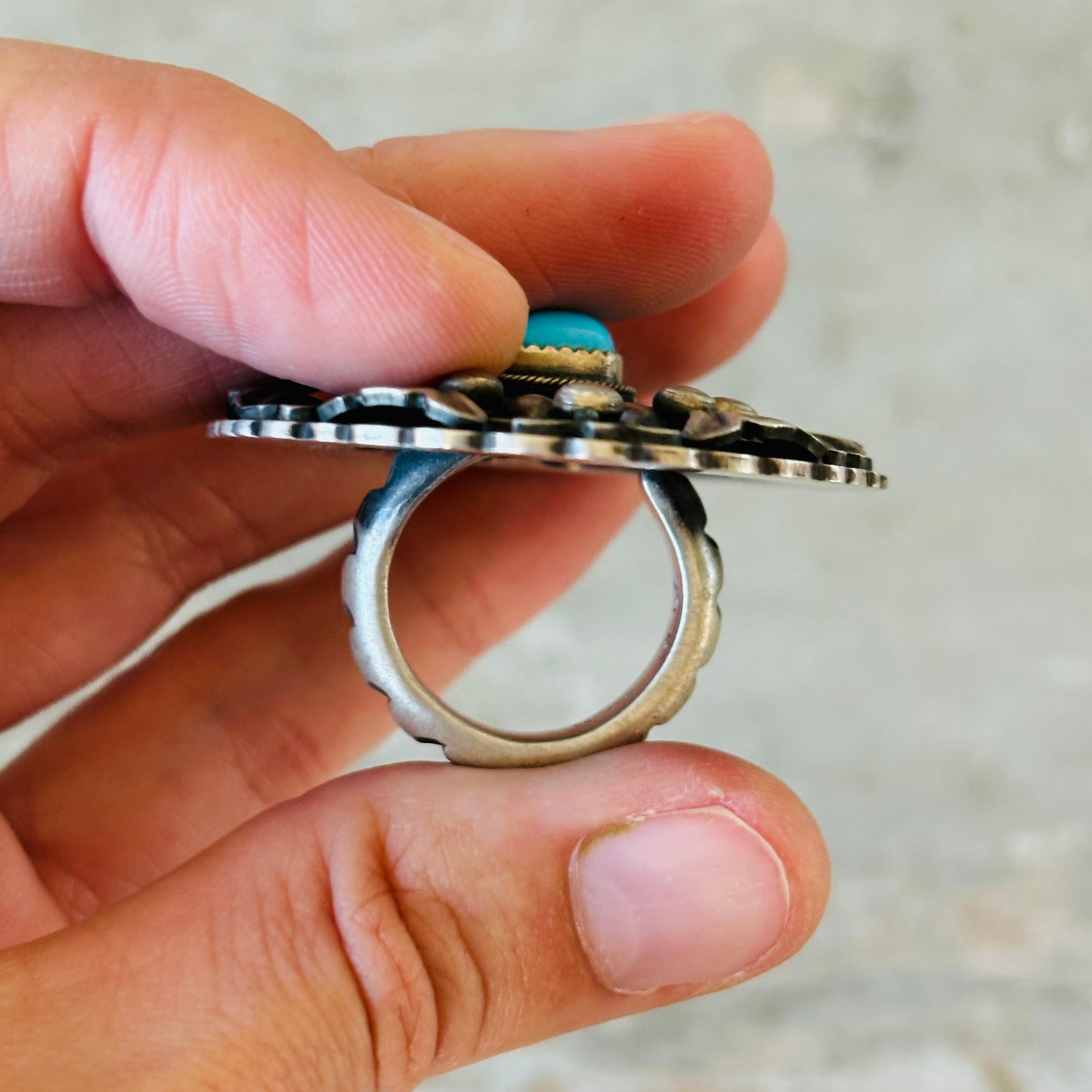 Navajo Derrick Cadman Sterling Silver & Kingman Turquoise Statement Ring