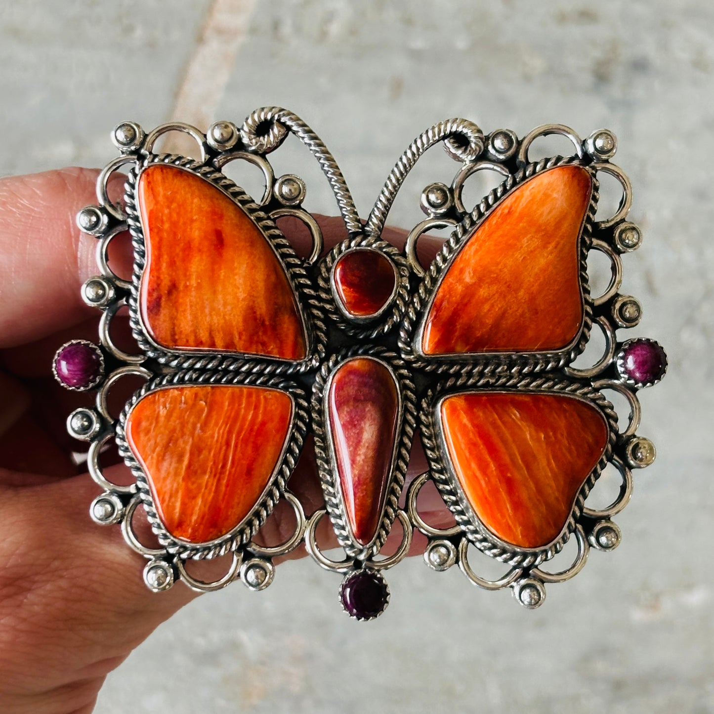 Navajo Hemerson Brown Sterling Silver & Red - Purple Spiny Butterfly Statement Ring