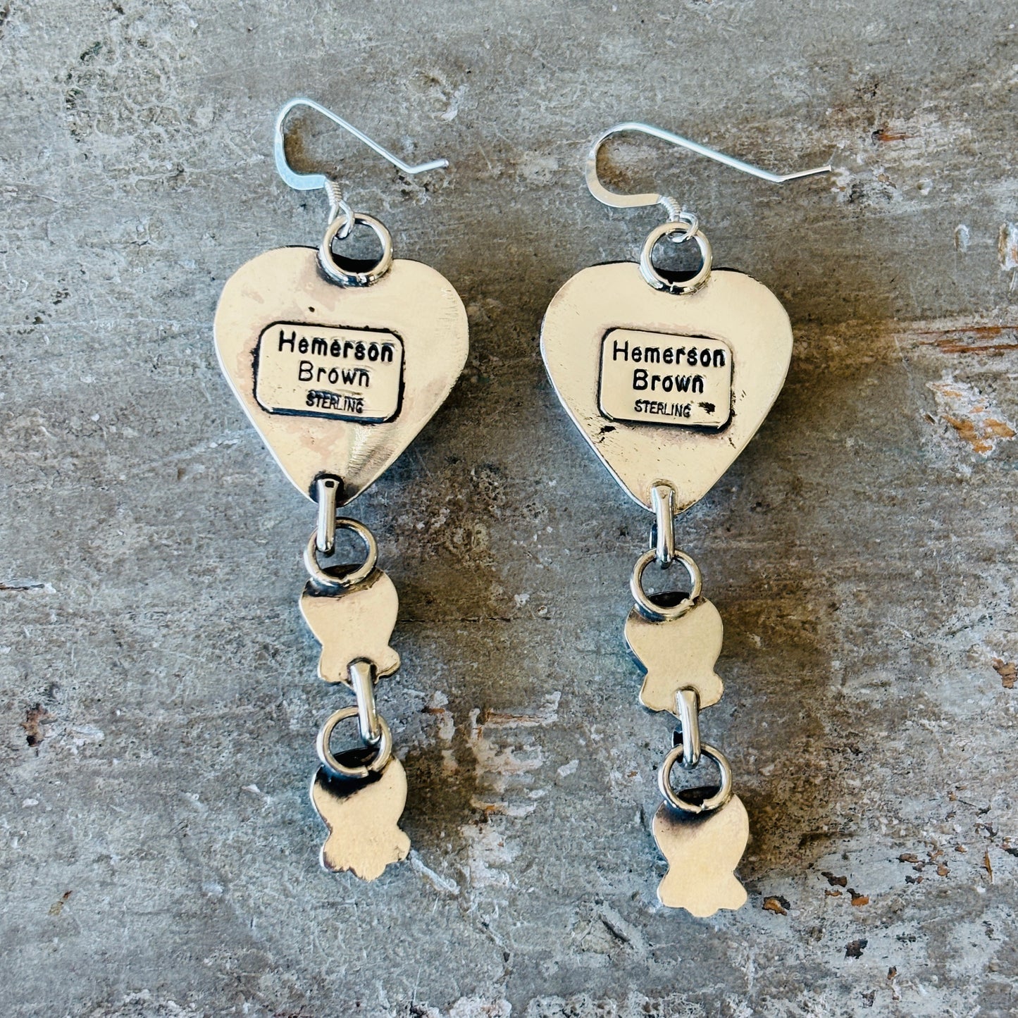Navajo Hemerson Brown Sterling Silver & Kingman Turquoise Hearts Earrings