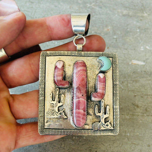 Navajo Hemerson Brown Sterling Silver - Kingman Turquoise & Rhodrocrosite Cactus Pendant