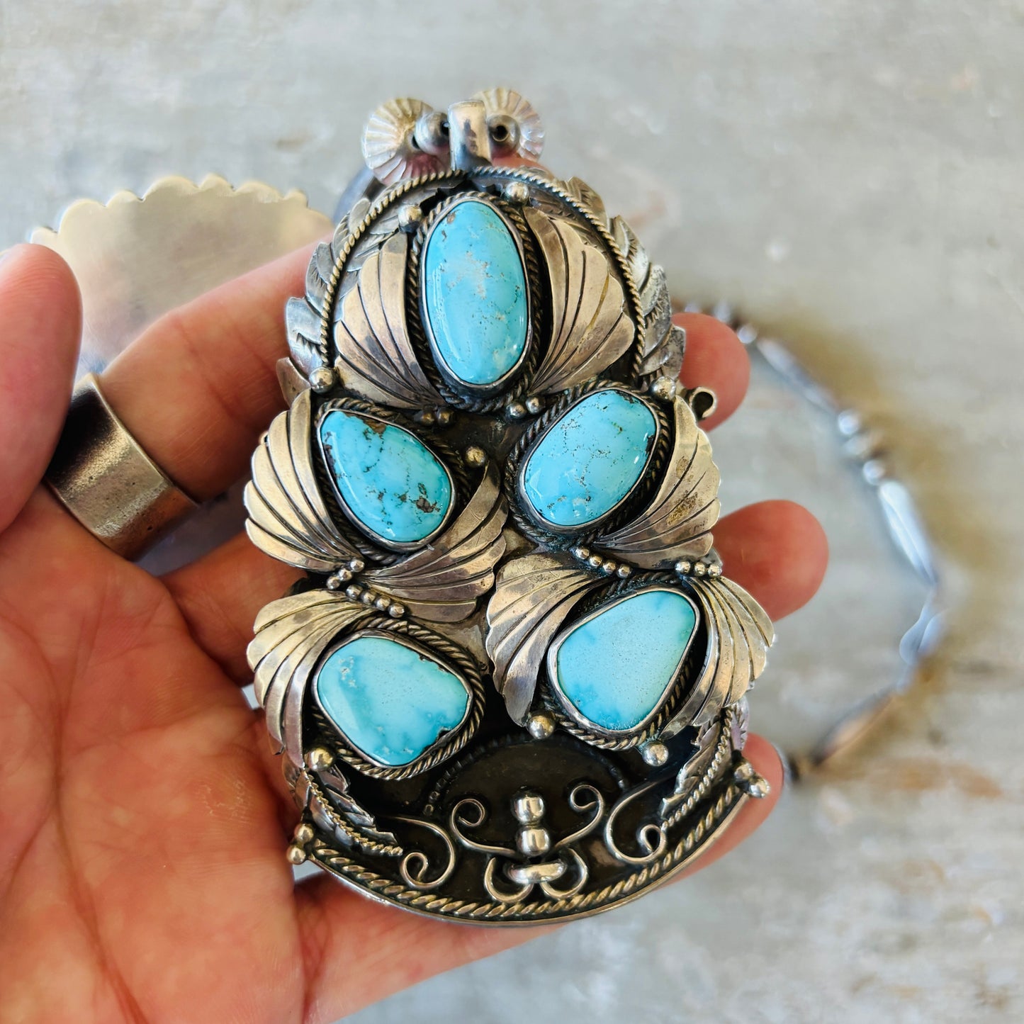 Vintage Navajo Justin Morris Sterling Silver & Royston Cluster Statement Necklace
