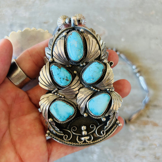 Vintage Navajo Justin Morris Sterling Silver & Royston Cluster Statement Necklace