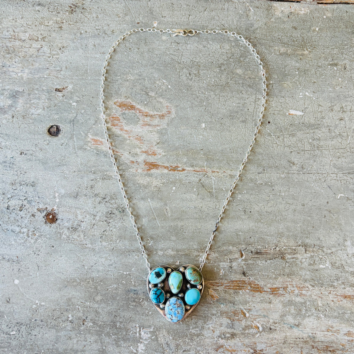 Navajo Freddy Platero Sterling Silver & Mixed Turquoise Cluster Heart Necklace