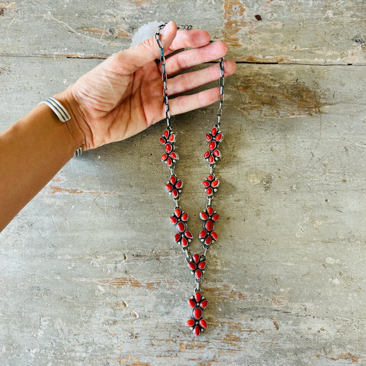 Navajo Kathleen Livingston Sterling Silver & Red Coral Lariat