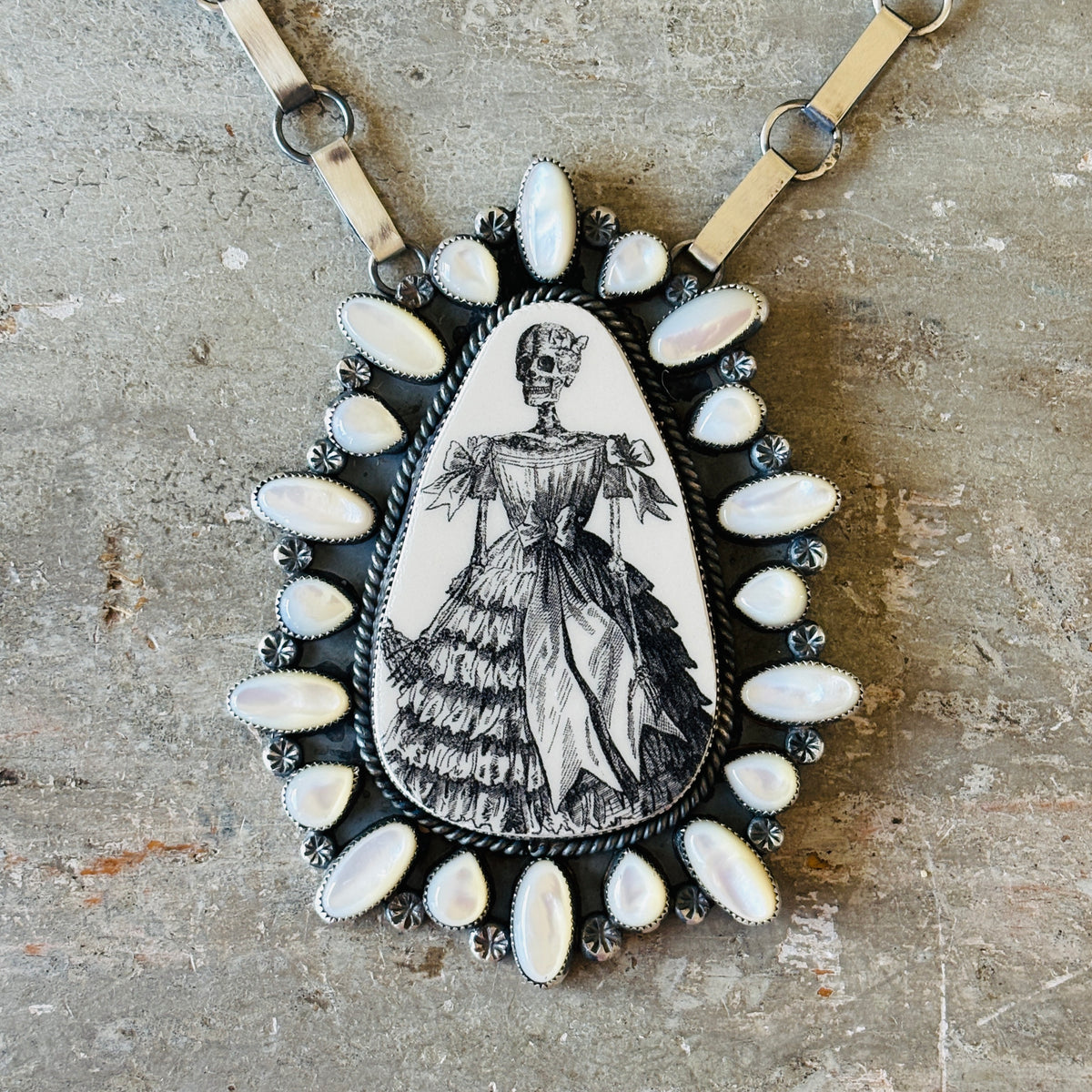 Navajo Kindale Billah Sterling Silver - Ceramic & Mother of Pearl Skelton Necklace