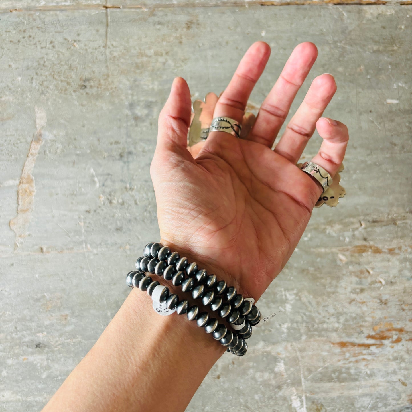 Navajo Preston Haley Sterling Silver 6mm Handmade Pearls Stretchy Bracelet