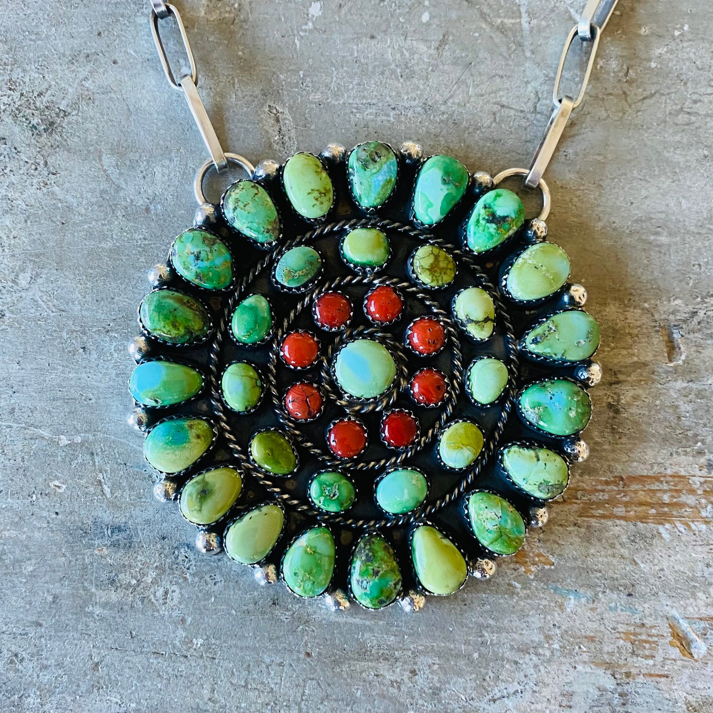 Navajo Lorenzo Jerilyn Chee Sterling Silver - Red Coral & Sonoran Gold Turquoise Cluster Necklace