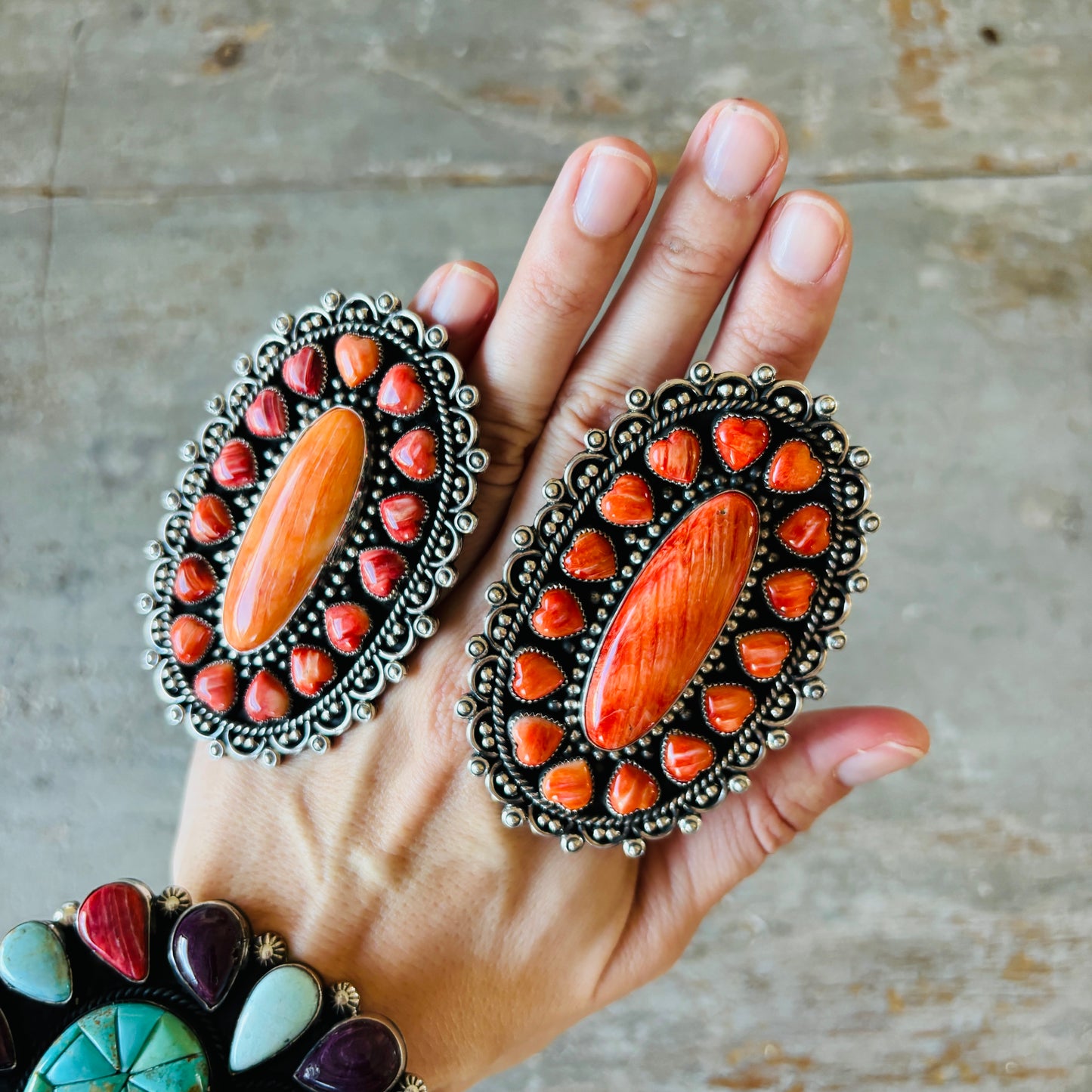 Navajo Hemerson Brown Sterling Silver & Spiny Hearts Statement Ring