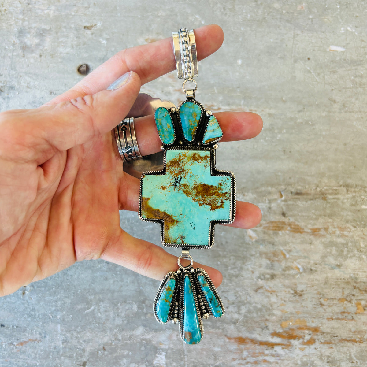 Navajo Hemerson Brown Sterling Silver & Kingman Turquoise Statement Pendant