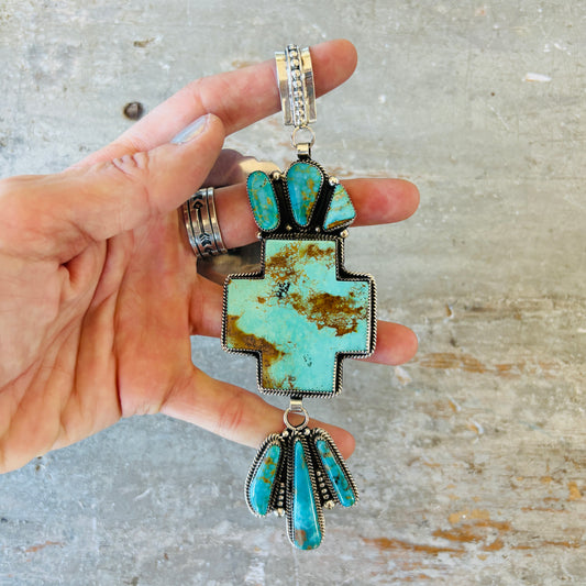 Navajo Hemerson Brown Sterling Silver & Kingman Turquoise Statement Pendant