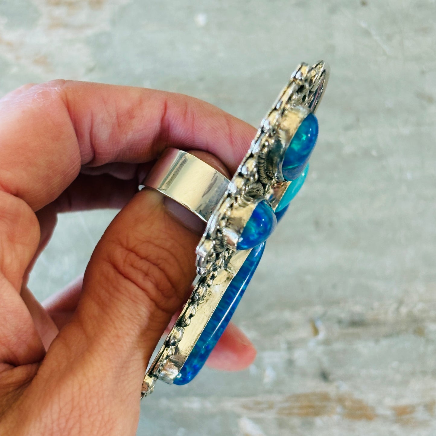 Navajo Hemerson Brown Sterling Silver - Blue Lab Opal & Sleeping Beauty Turquoise Dragonfly Ring