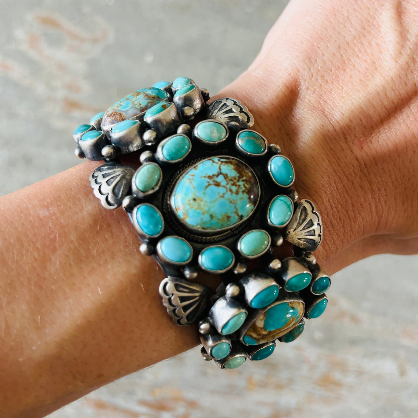 Navajo Paul Livingston Sterling Silver & Mixed Turquoise Cluster Cuff