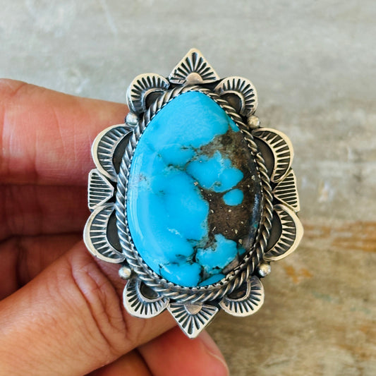Navajo Tia Long Sterling Silver & Turquoise Ring