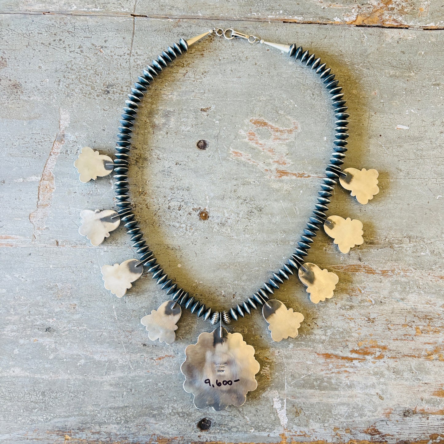 Navajo Hemerson Brown Sterling Silver & Sonoran Turquoise Handmade Saucer Pearls Statement Necklace