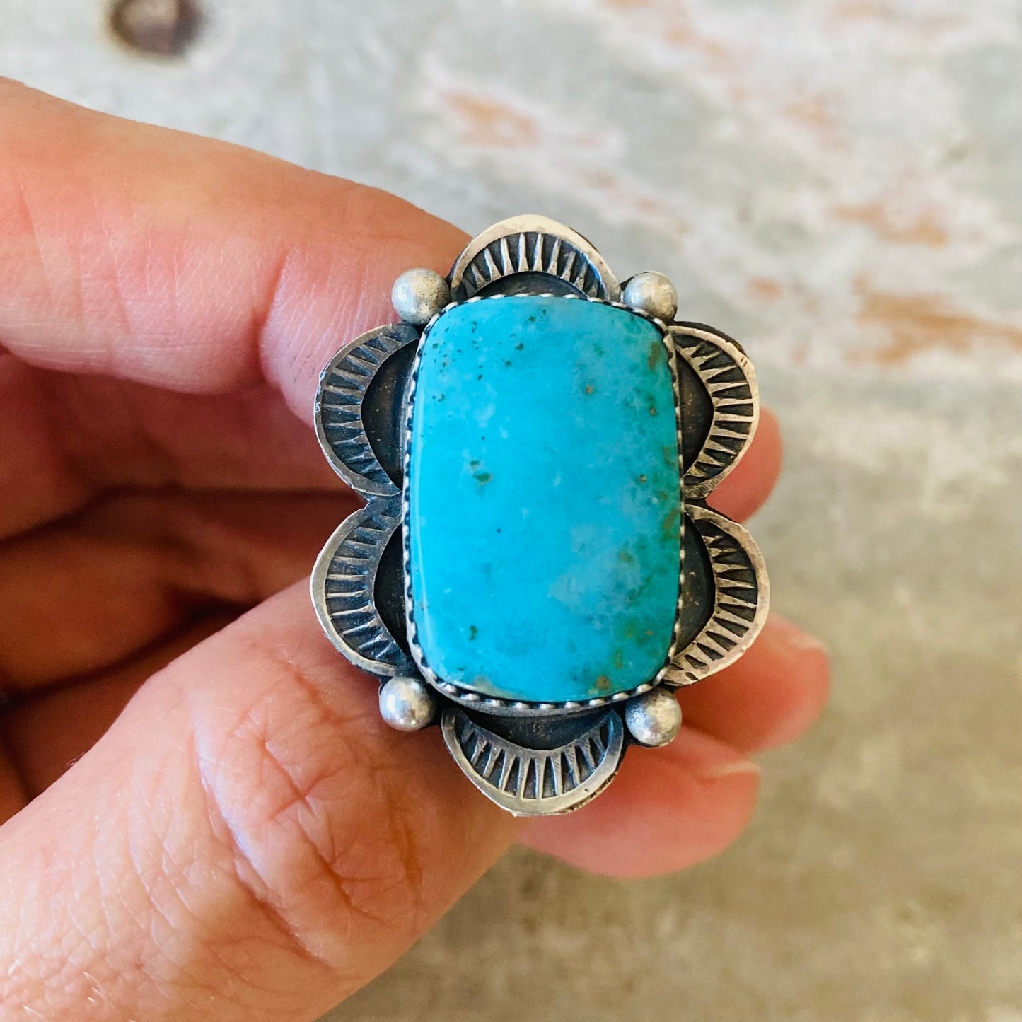 Navajo Tia Long Sterling Silver & Kingman Turquoise Ring