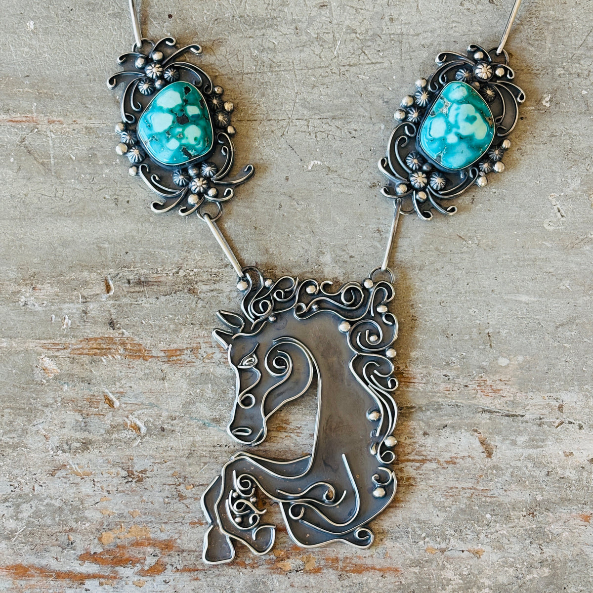 Navajo Miranda Willie Sterling Silver & Whitewater Turquoise Horse Statement Necklace