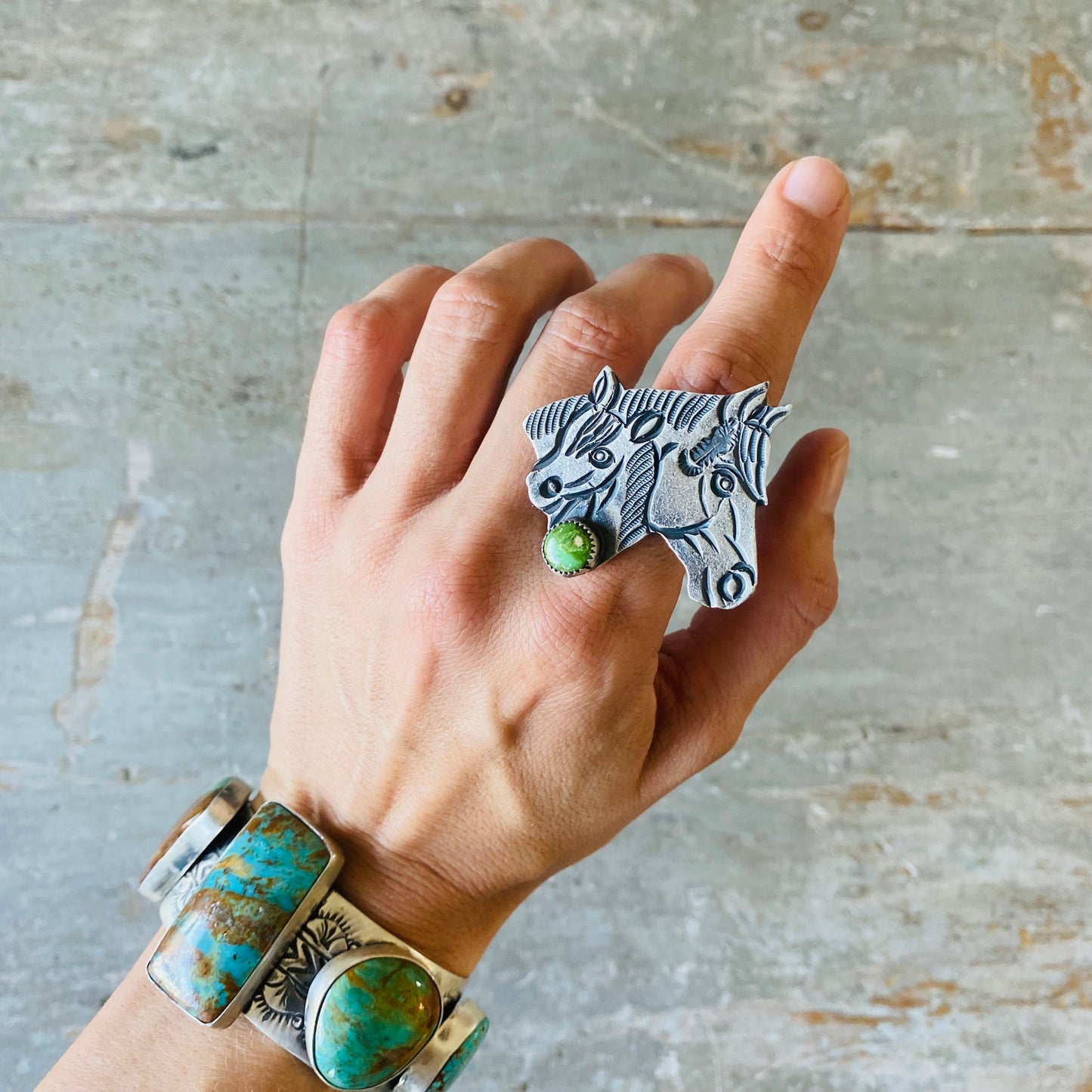 Navajo Kevin Billah Sterling Silver & Sonoran Gold Turquoise Horses Ring