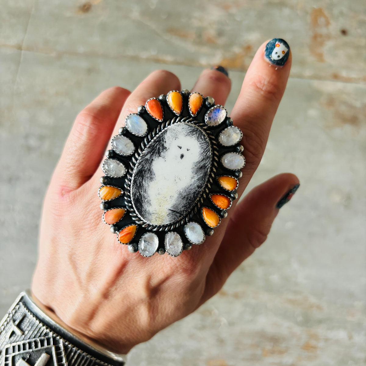 Navajo Kindale Billah - Ceramic - Orange Spiny Oyster & Moonstone Ghost Ring