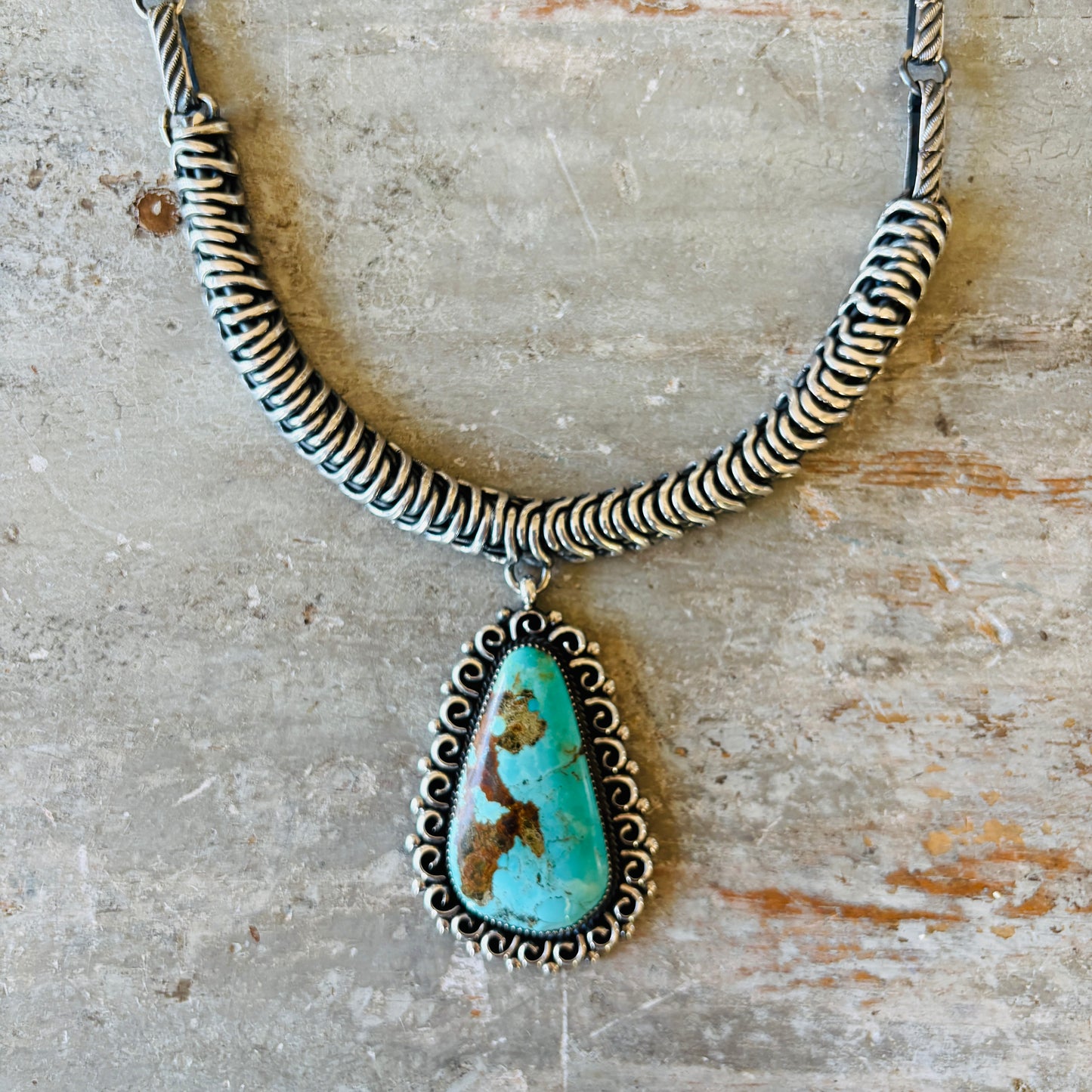 Navajo Marcus Chavez Sterling Silver & Royston Statement Necklace
