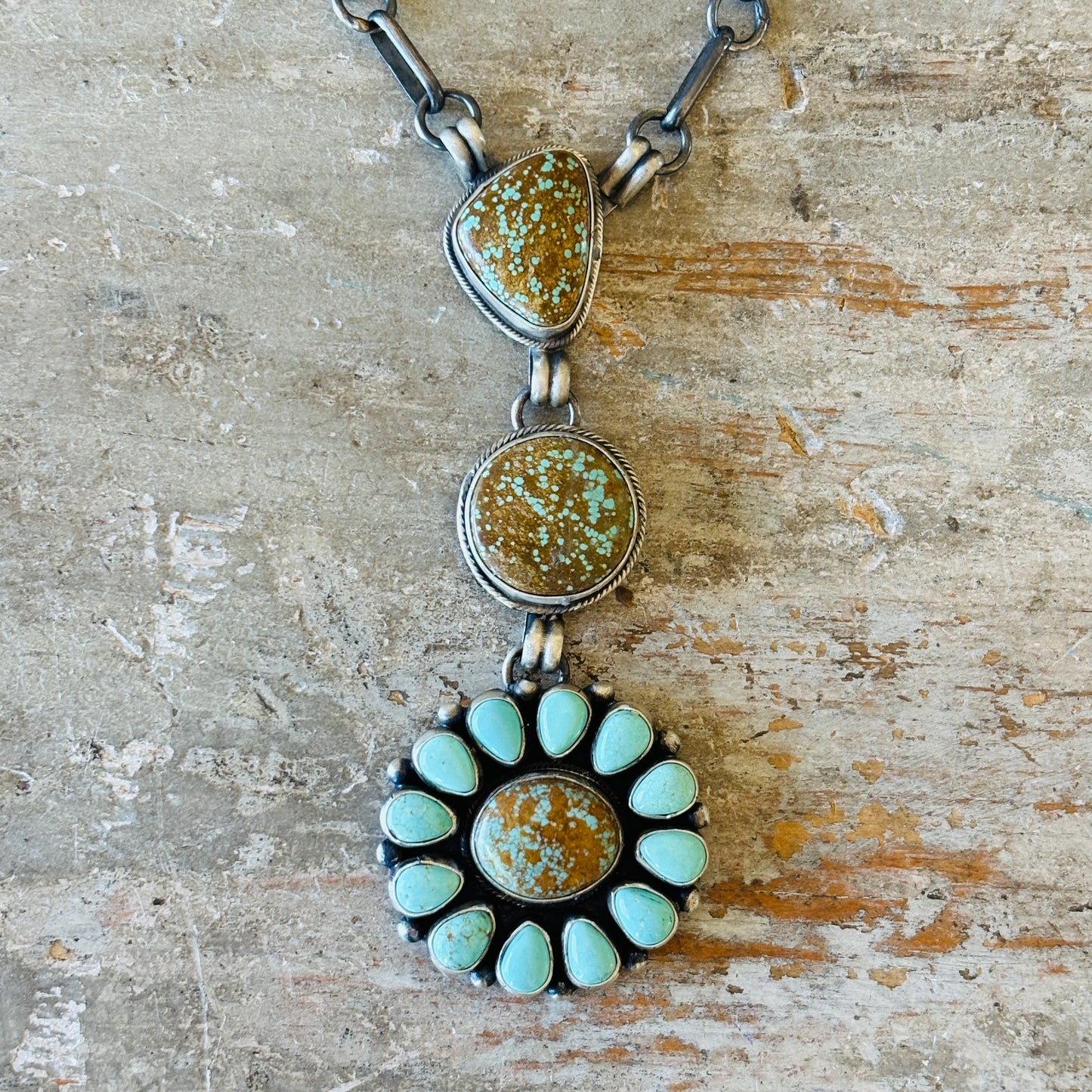 Navajo Betty Tom Sterling Silver & #8 Turquoise Cluster Lariat