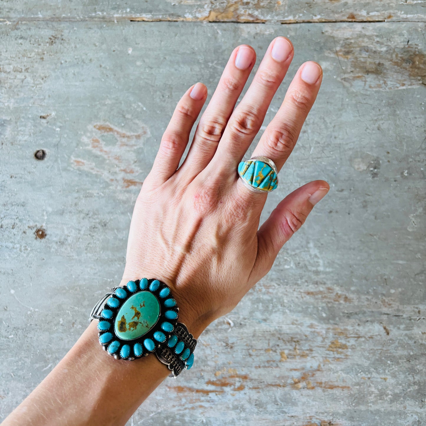 Navajo Lester James Sterling Silver & Kingman Turquoise Cobblestone Ring
