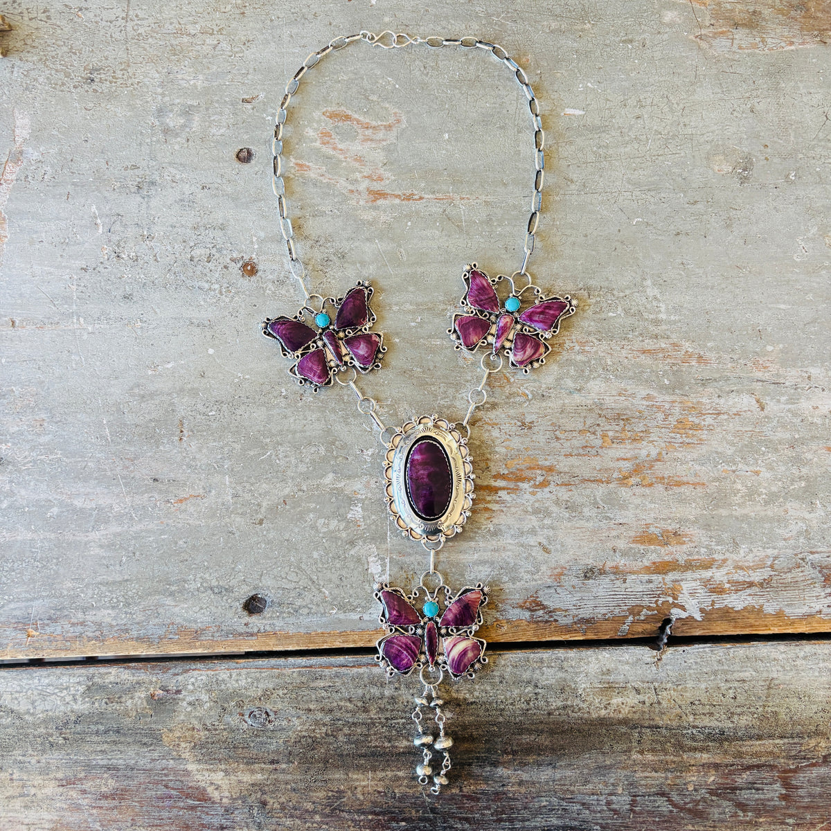 Navajo Lyanne Goodluck Sterling Silver - Purple Spiny & Sleeping Beauty Turquoise Butterfly Statement Necklace