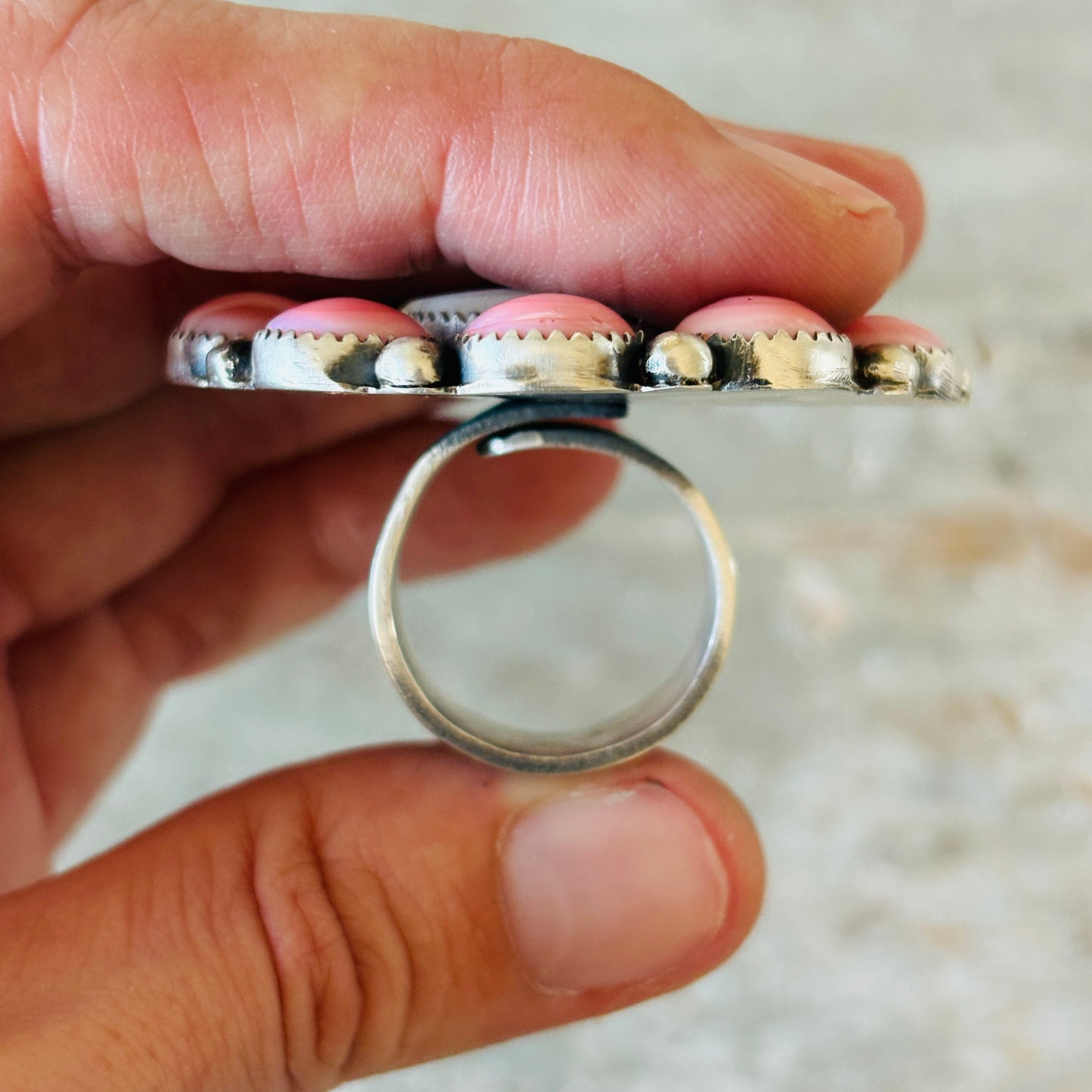 Navajo Kindale Billah Sterling Silver & Pink Conch Highland Cow Ring