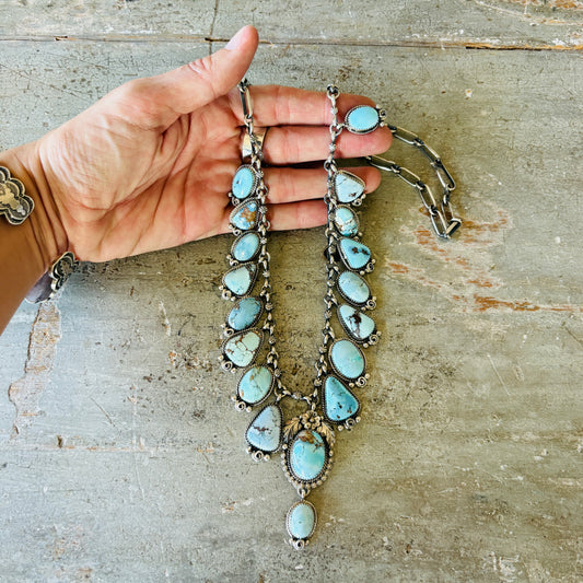 Navajo Brenda Jimenez Sterling Silver & Golden Hills Turquoise Waterfall Statement Necklace