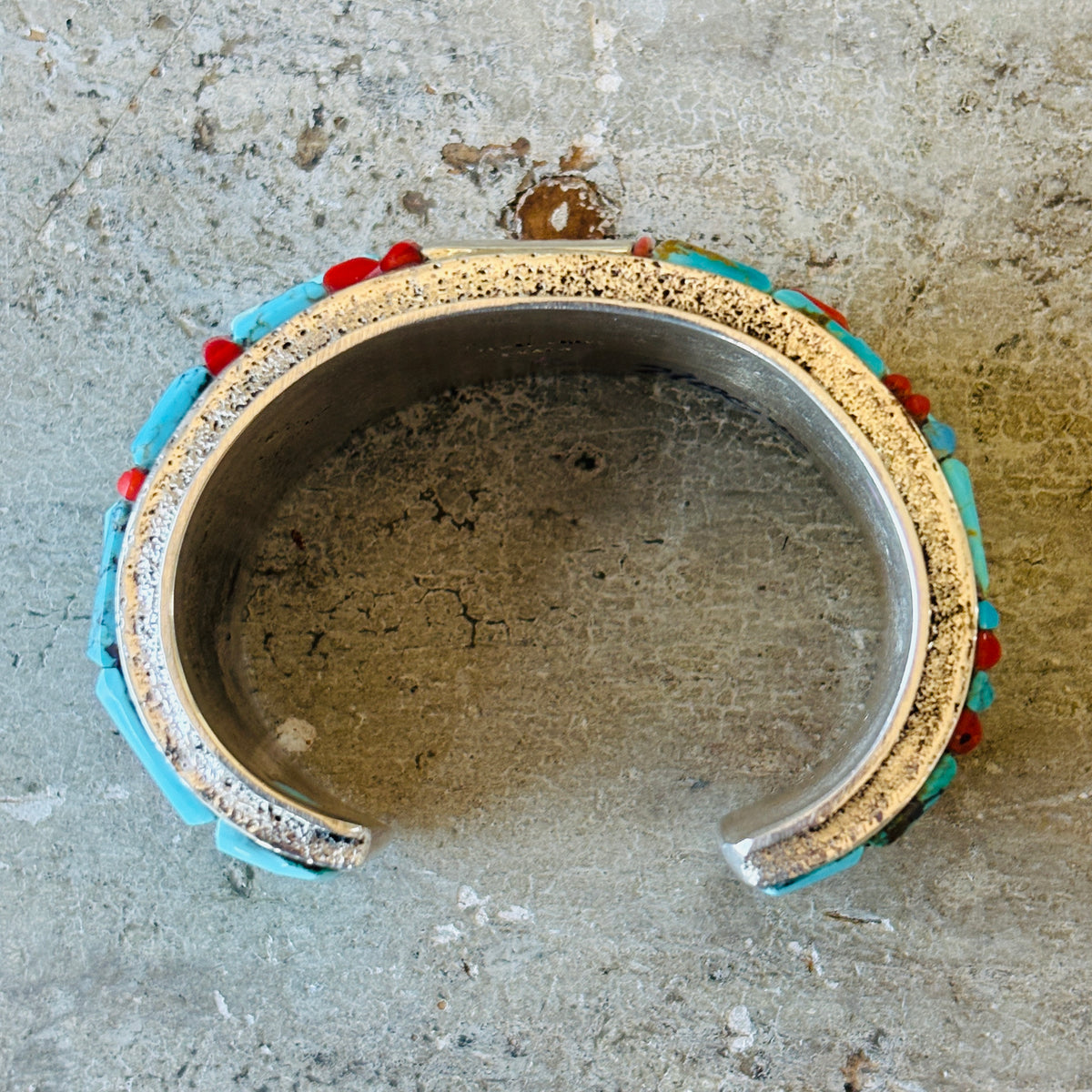 Navajo Lester James Sterling Silver - Red Coral & Multi Turquoise Cobblestone Cuff